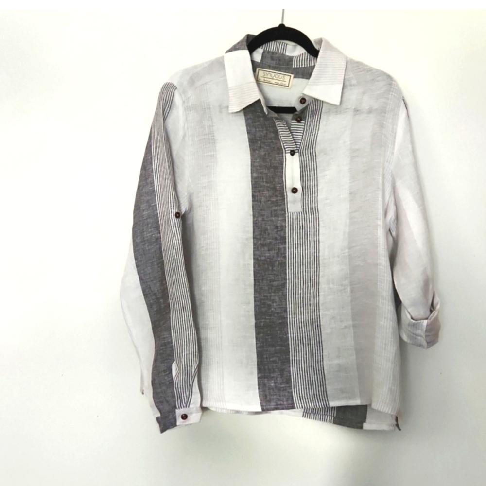 SINUOUS navy/white striped linen blouse/top Size Medium